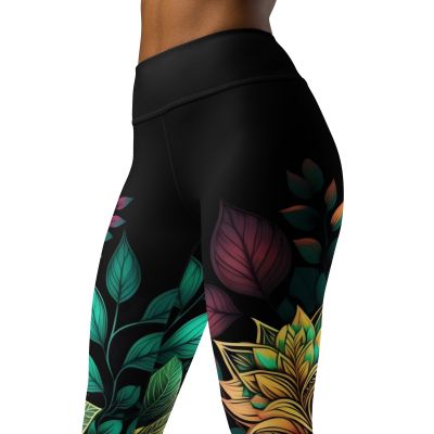 Black Floral Leggings - Women High Waist Activewear Athleisure Workout Yoga Pant